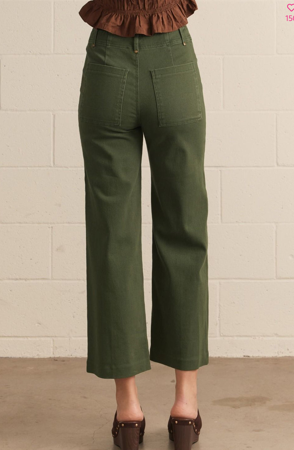 Solid high rise wide leg pants-Green
