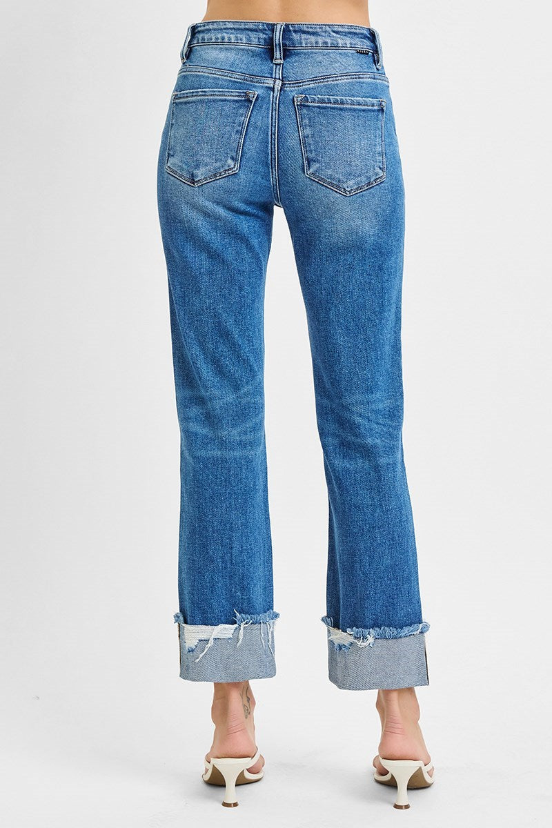 High Rise-Ankle Straight-Wide Cuffed Jeans