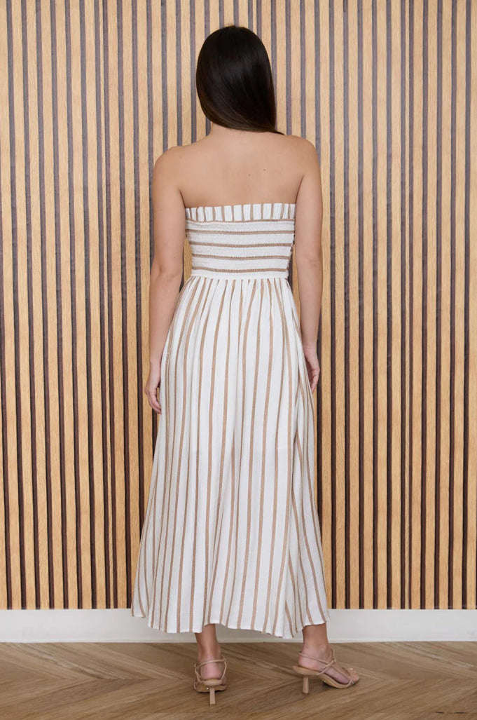 STRIPE PLEATED STRAPLESS LINEN MIDI DRESS