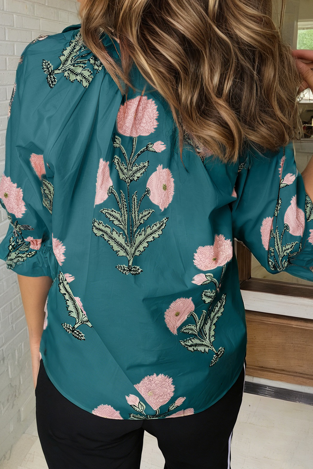 Wild Flower Print V Neck 3/4 Sleeve Blouse