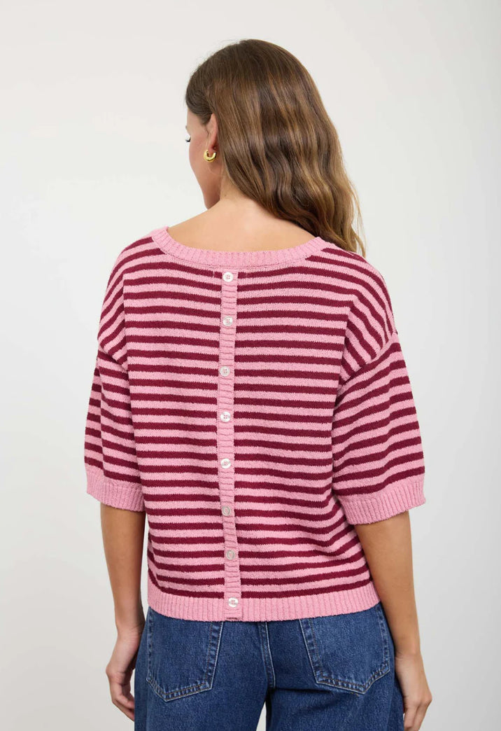 STRIPE CONTRAST TRIM SHORT SLEEVE KNIT SWEATER