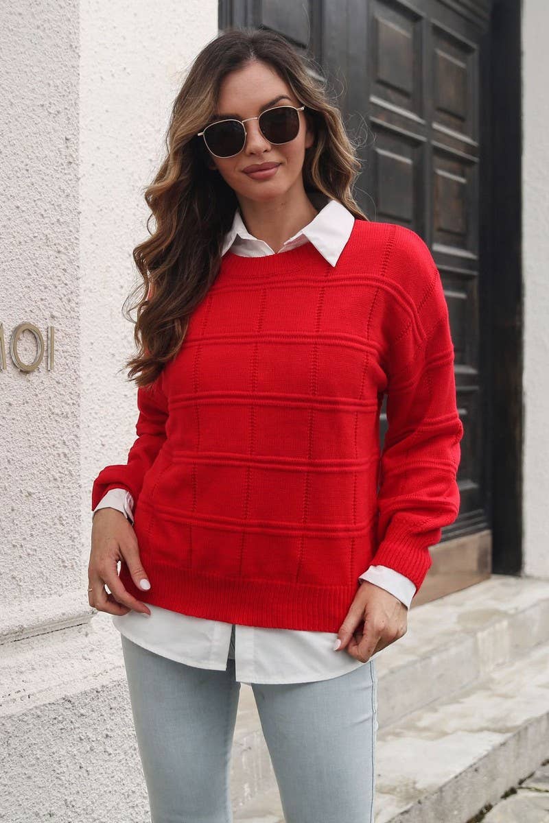 Crew Neck Long Sleeve Pullover Sweater: Red