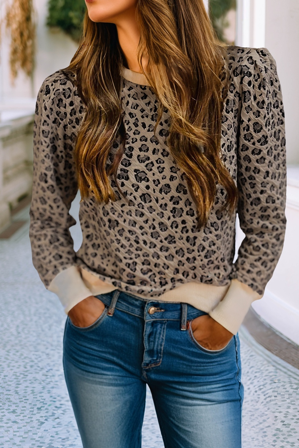 Ribbed Trim Leopard Print Long Sleeve Top