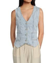 V Neck Sleeves Button Down Denim Jean Vest