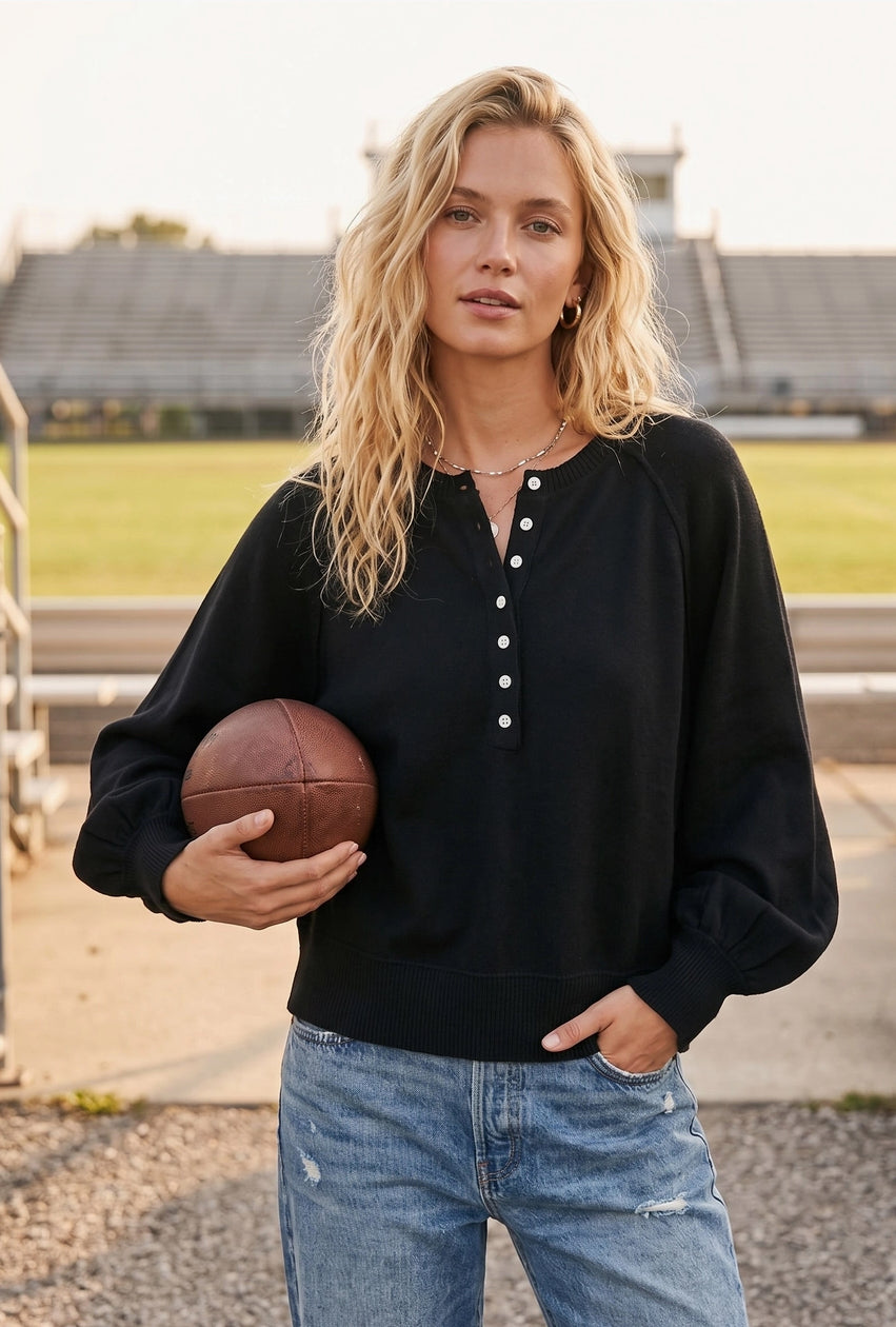 Henley Balloon Sleeve Sweater Top