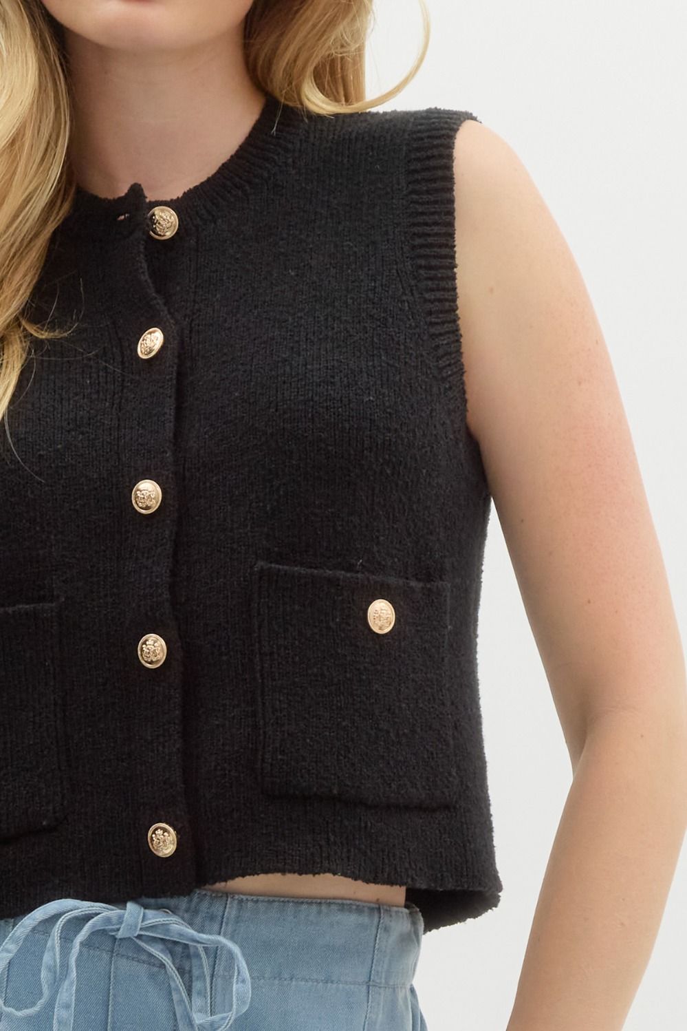 Solid Black Sleeveless Knit Top W/ Gold Buttons