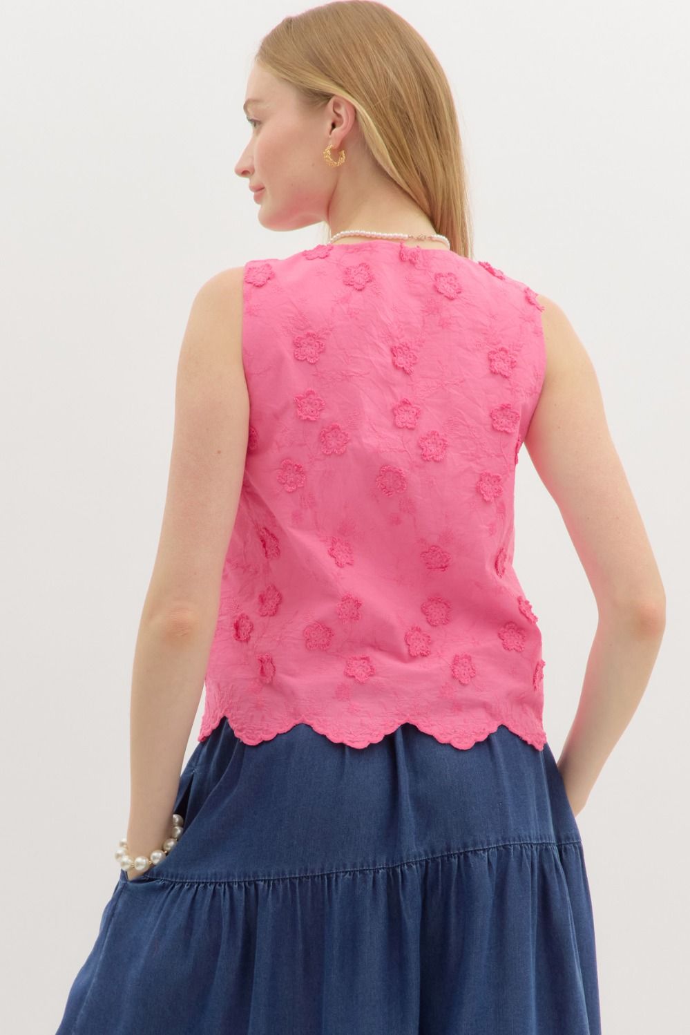 Floral Embroidered Vest Top W/ Floral Hem