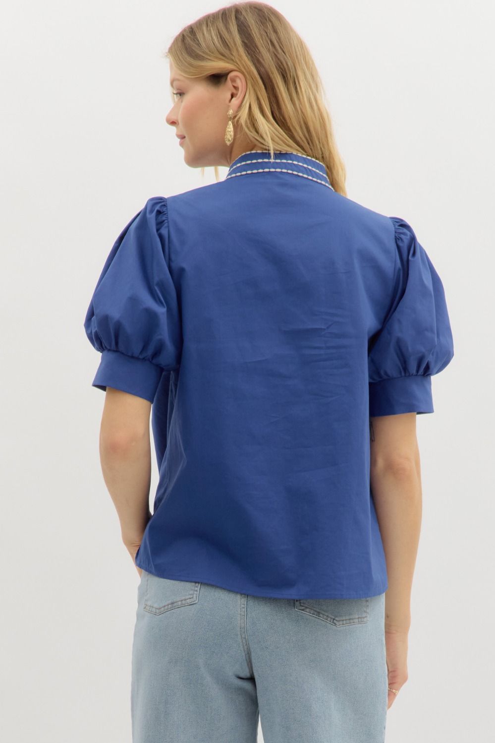 Puff Sleeve Embroidered Top blue
