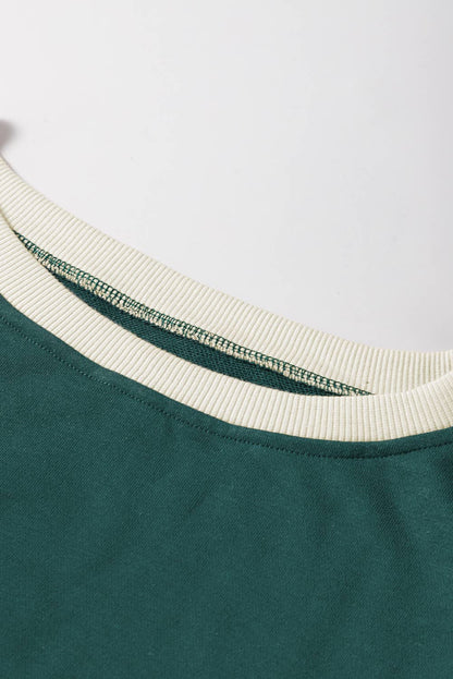 Color Contrast Loose Pullover and Lace-up Waist Skort Set: Evergreen