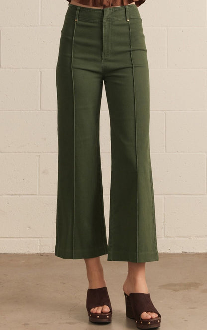 Solid high rise wide leg pants-Green
