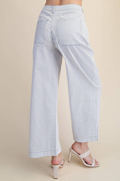 Barrel Leg Stripe High Waist Casual Pants: White