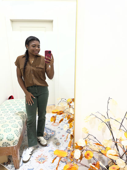 V-Neck Collared Top W/ Front Flap Pockets