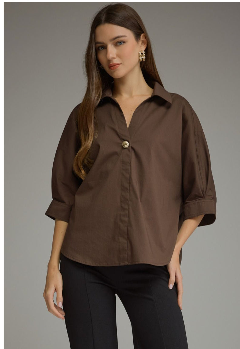 Brown 3/4 sleeve collar shirt