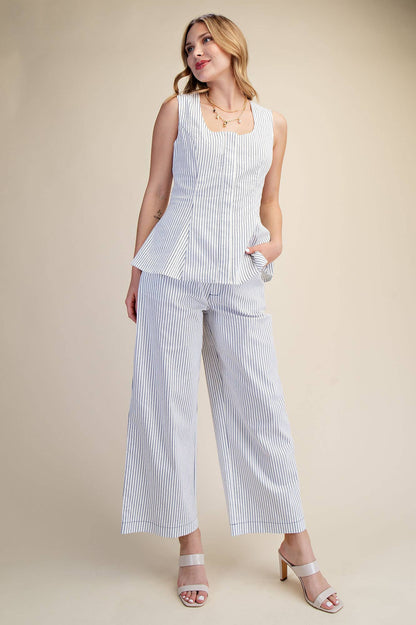 Barrel Leg Stripe High Waist Casual Pants: White