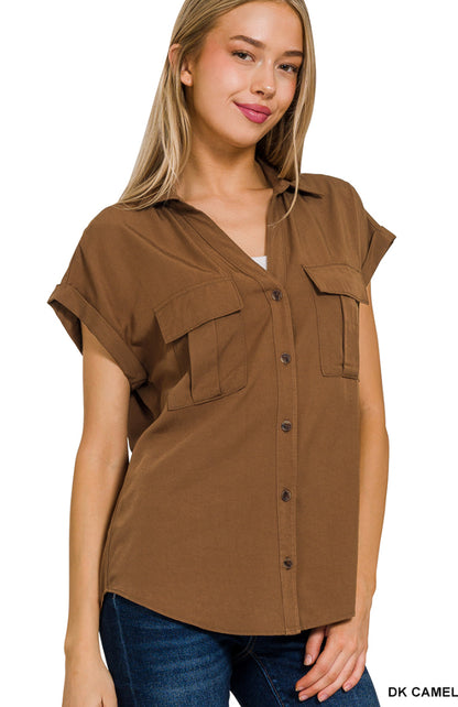 V-Neck Collared Top W/ Front Flap Pockets