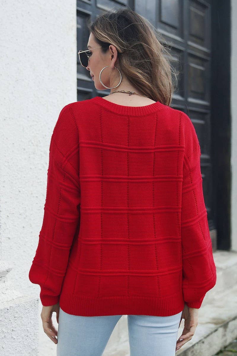 Crew Neck Long Sleeve Pullover Sweater: Red