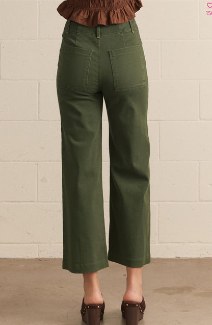 Solid high rise wide leg pants-Green