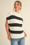 Striped Print Knit Top with U-neck