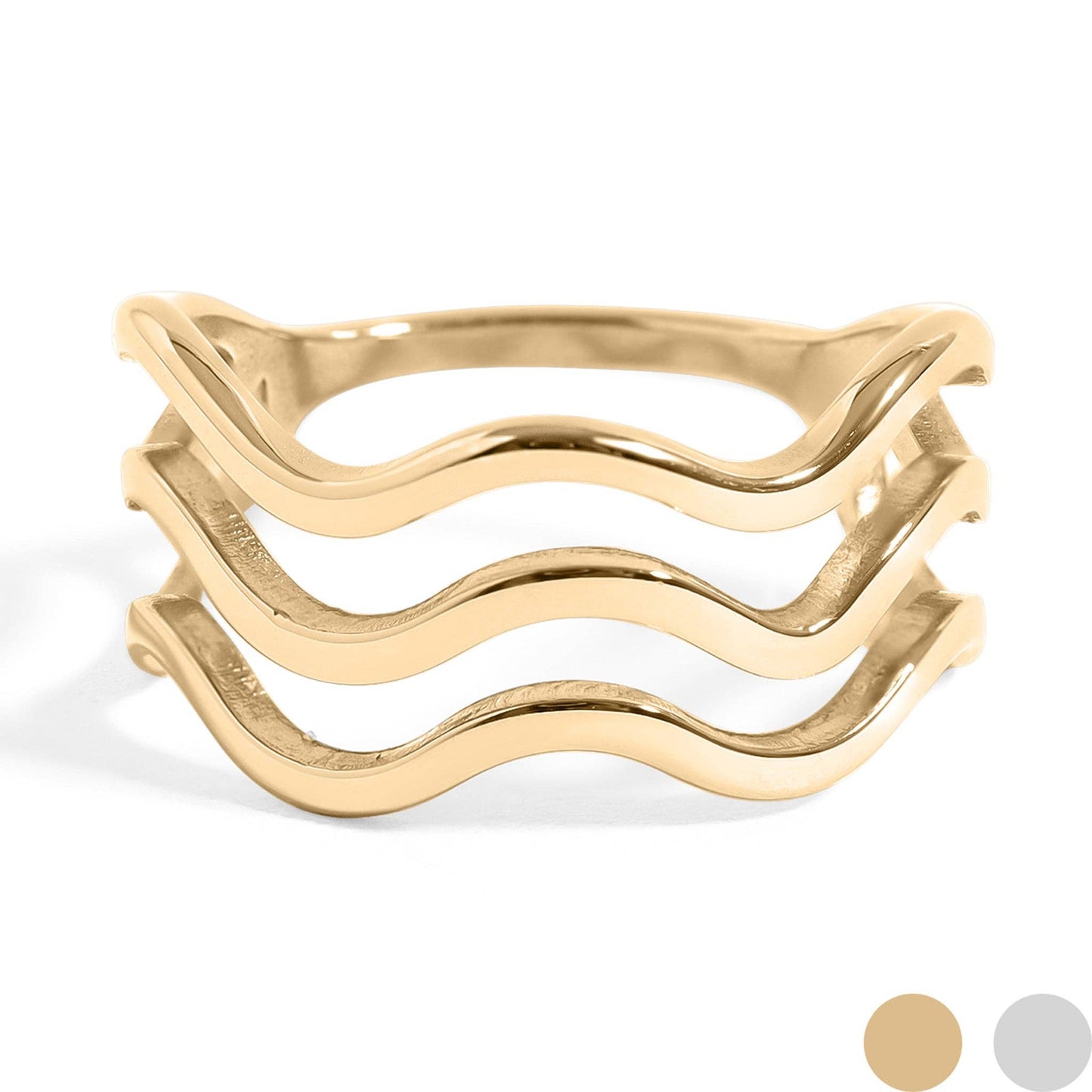18K Gold PVD Stainless Steel Triple Wave Geometric Ring: Gold / 7