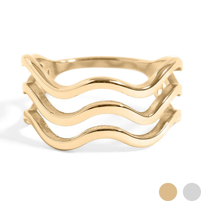 18K Gold PVD Stainless Steel Triple Wave Geometric Ring: Gold / 7