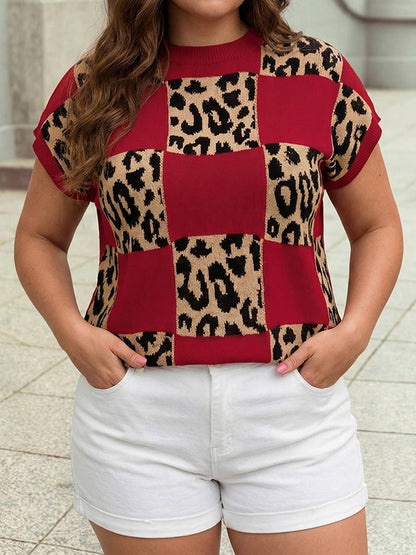 Red Leopard Checkerboard Short Sleeve Knit Sweater