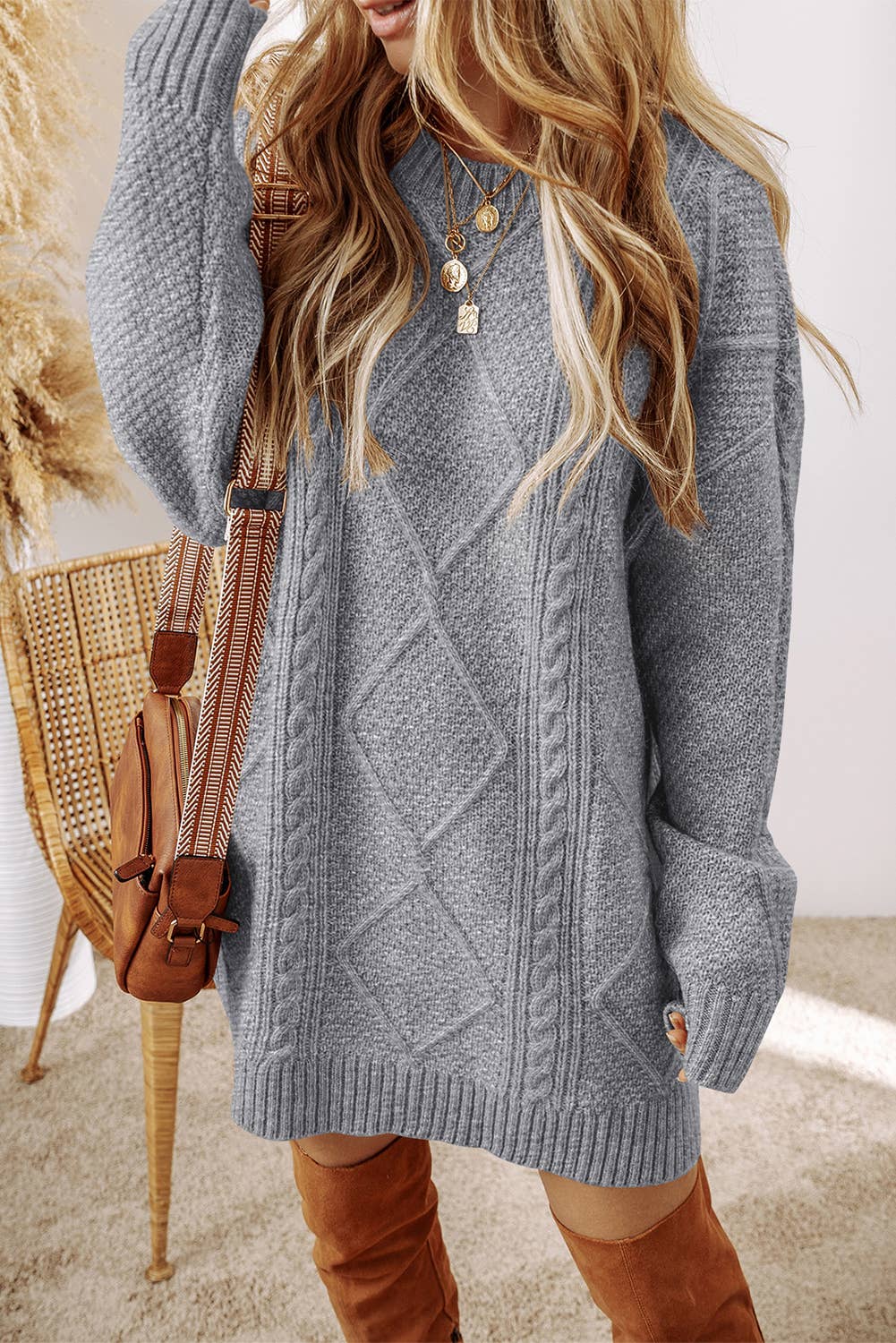LDC Cable Knit Drop Shoulder Loose Fit Sweater Dress: Mist Green