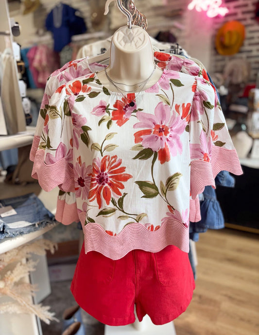 Floral with Pink Scallop Blouse
