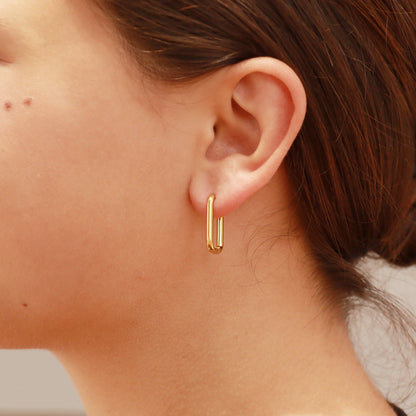 18K Gold PVD Rounded Rectangle Everyday Huggie Earrings: Stainless