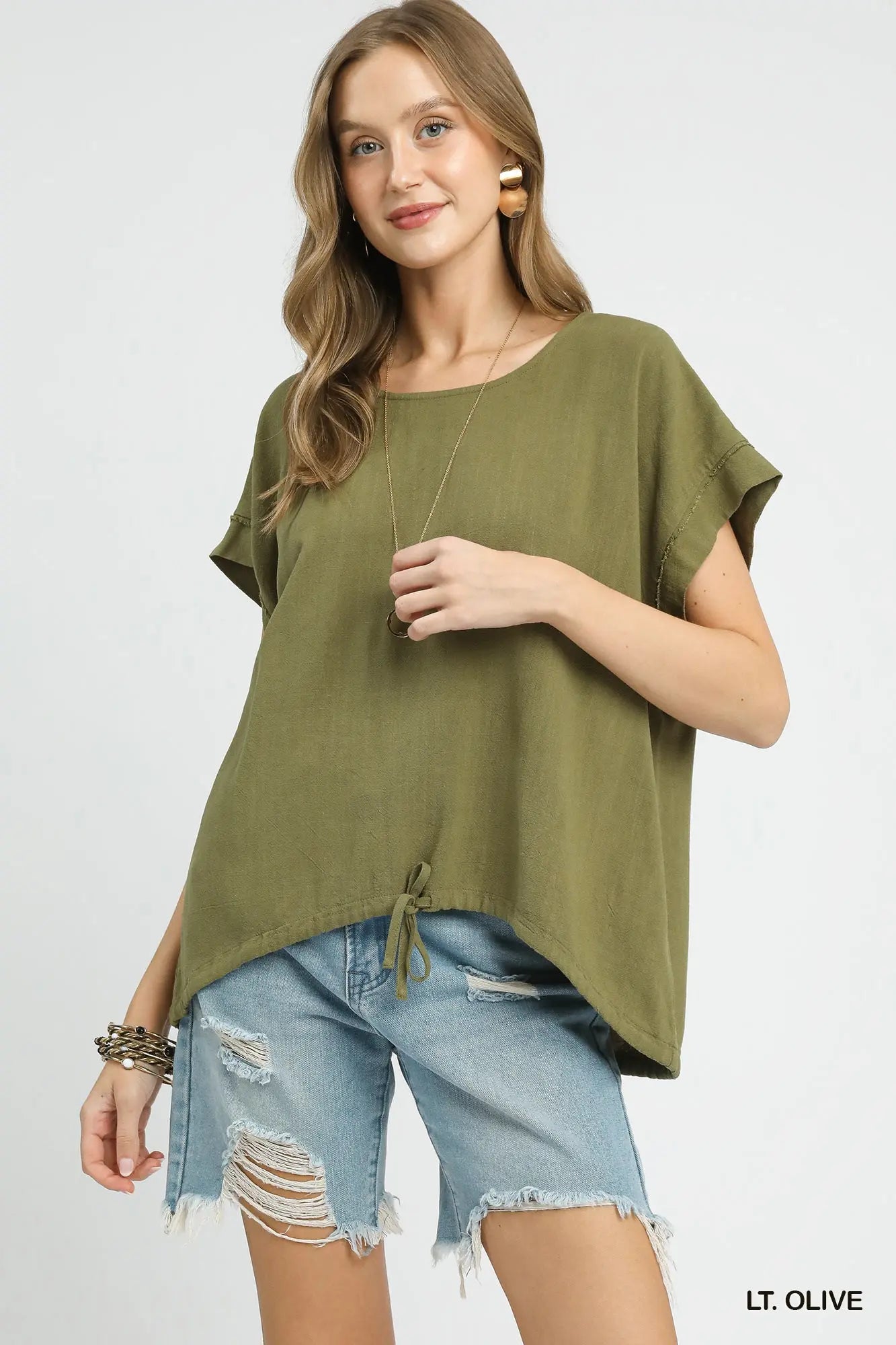 Lt. Olive Drawstring Linen Blend Top