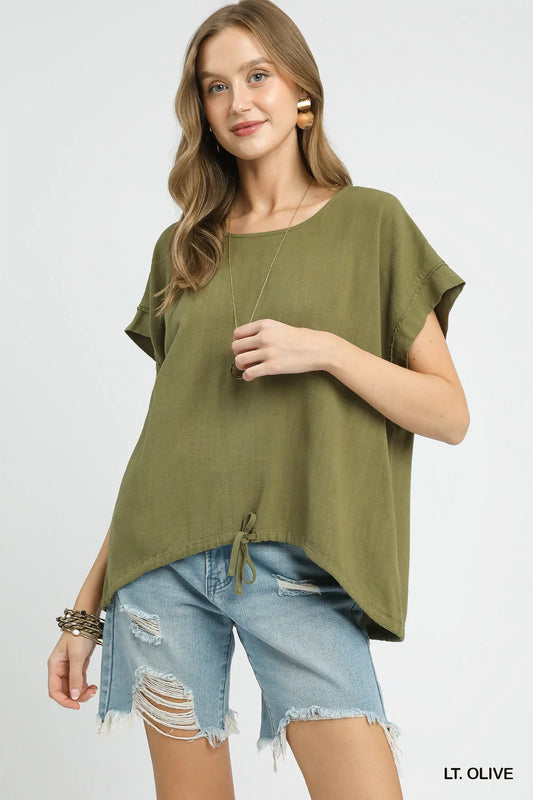 Lt. Olive Drawstring Linen Blend Top