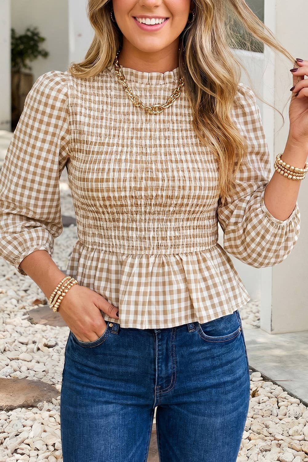 Plaid Smocked Three Quarter Sleeve Top
