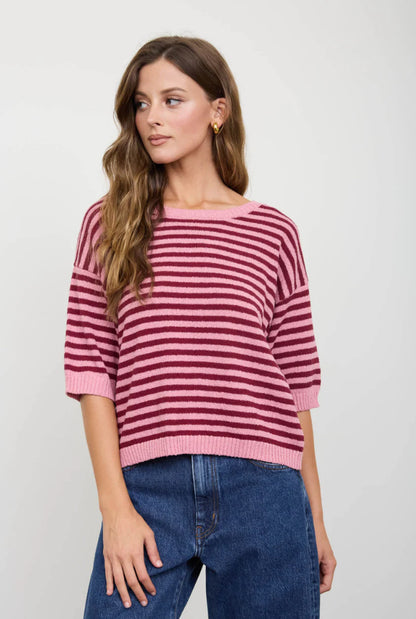 STRIPE CONTRAST TRIM SHORT SLEEVE KNIT SWEATER