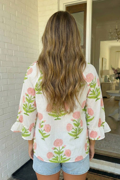 Wild Flower Print V Neck 3/4 Sleeve Blouse