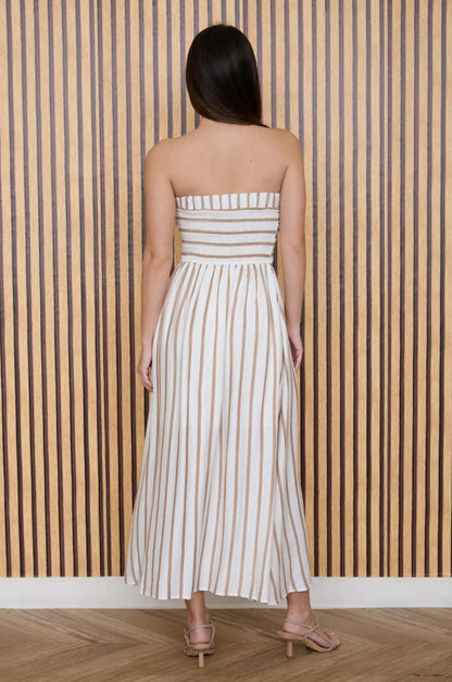 STRIPE PLEATED STRAPLESS LINEN MIDI DRESS