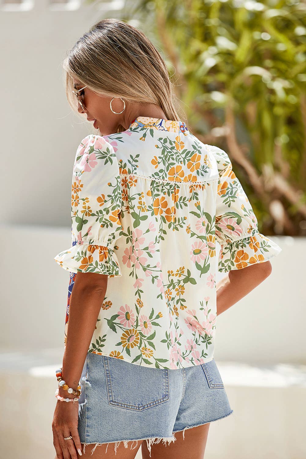 V Neck Half Sleeve Boho Floral Blouse: Multicolour