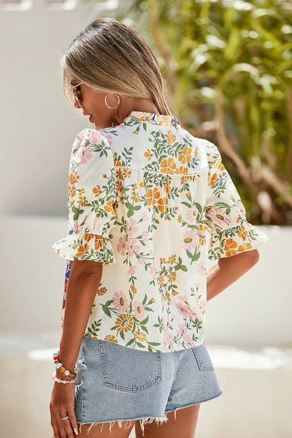 V Neck Half Sleeve Boho Floral Blouse: Multicolour