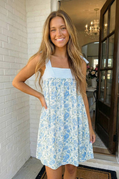Floral Stripe Patchwork Bow Knot Strap Mini Dress