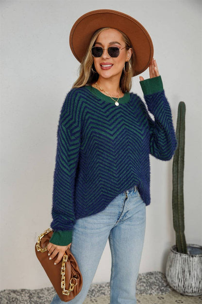 Long Sleeve Striped Pullover Sweater: NAVY