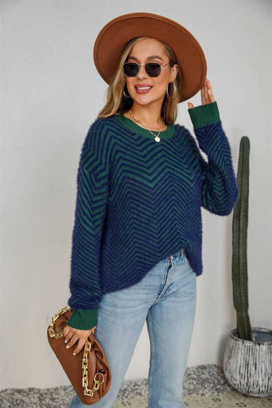 Long Sleeve Striped Pullover Sweater: NAVY