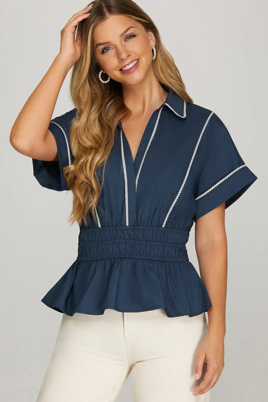 Navy V-neck Collared Shirt