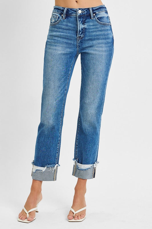 High Rise-Ankle Straight-Wide Cuffed Jeans
