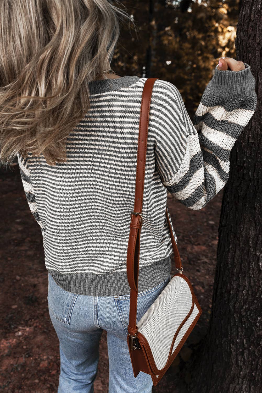 Striped Patchwork Knit Sweater: Brown