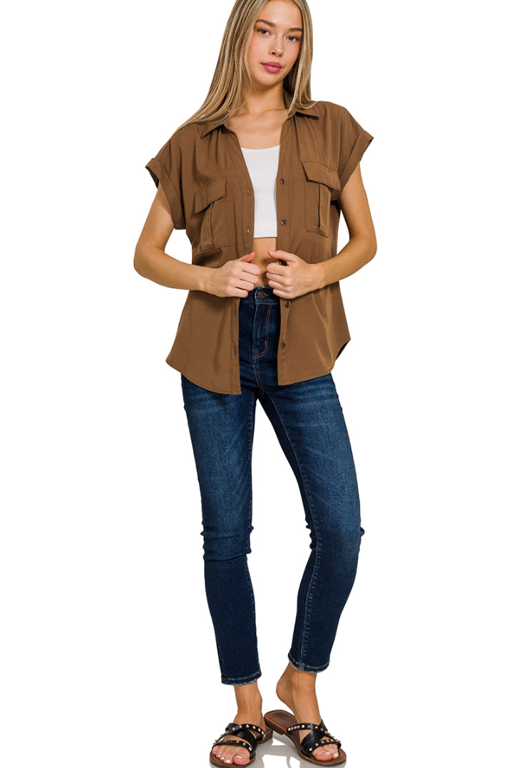 V-Neck Collared Top W/ Front Flap Pockets