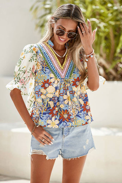 V Neck Half Sleeve Boho Floral Blouse: Multicolour