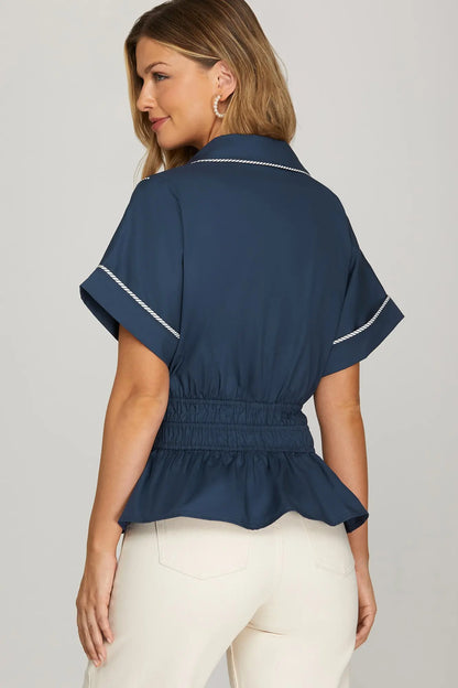 Navy V-neck Collared Shirt