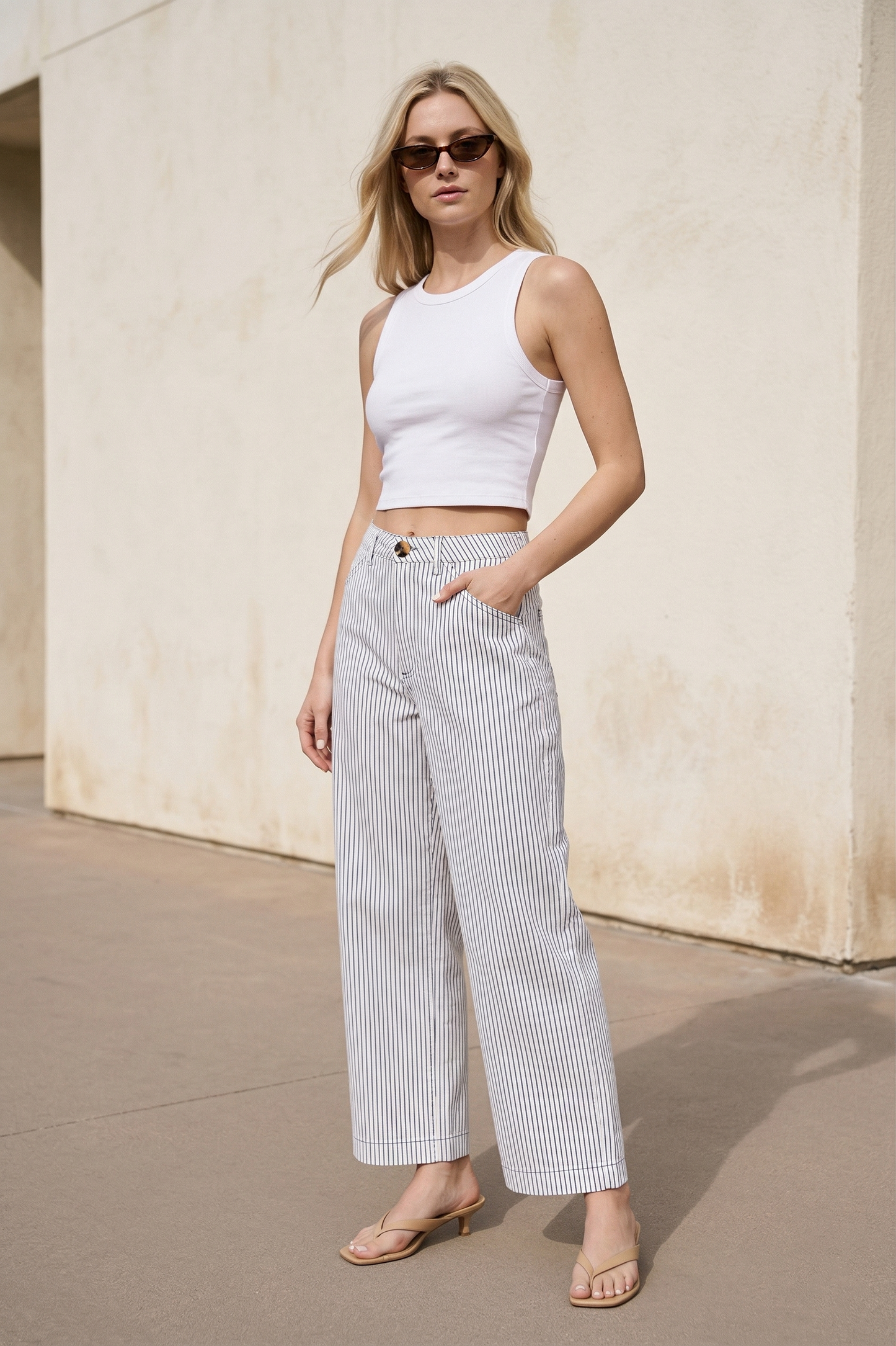 Barrel Leg Stripe High Waist Casual Pants: White