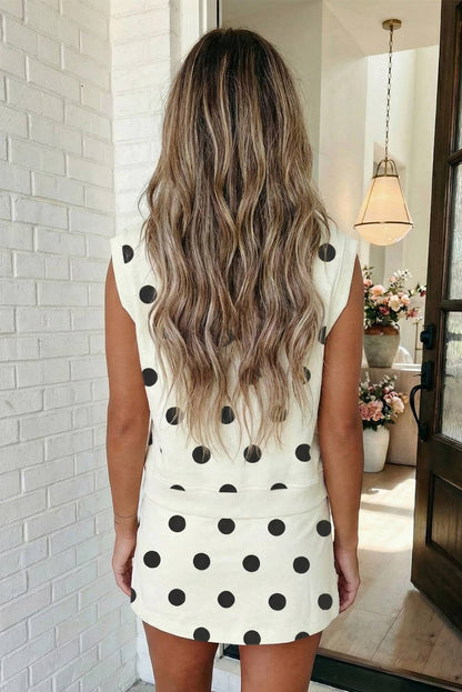 Ribbed Trim Polka Dot Tank Split Mini Skort Set