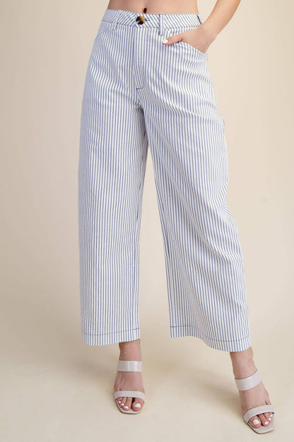 Barrel Leg Stripe High Waist Casual Pants: White