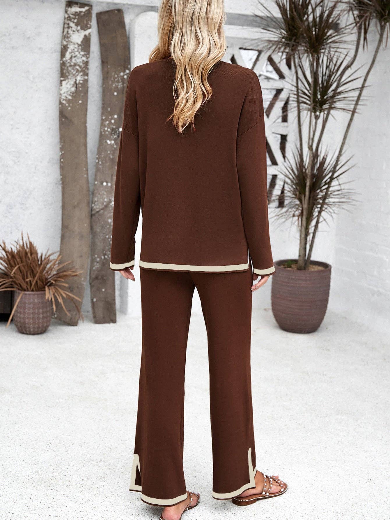 Women's Casual Solid Color Knitted Long-sleeved Sweater and Pants Set