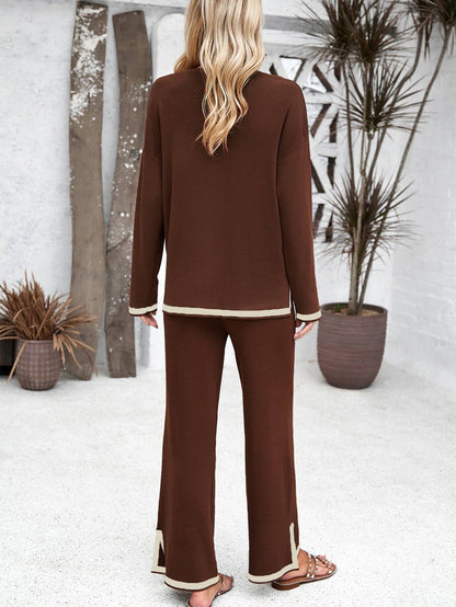 Women's Casual Solid Color Knitted Long-sleeved Sweater and Pants Set